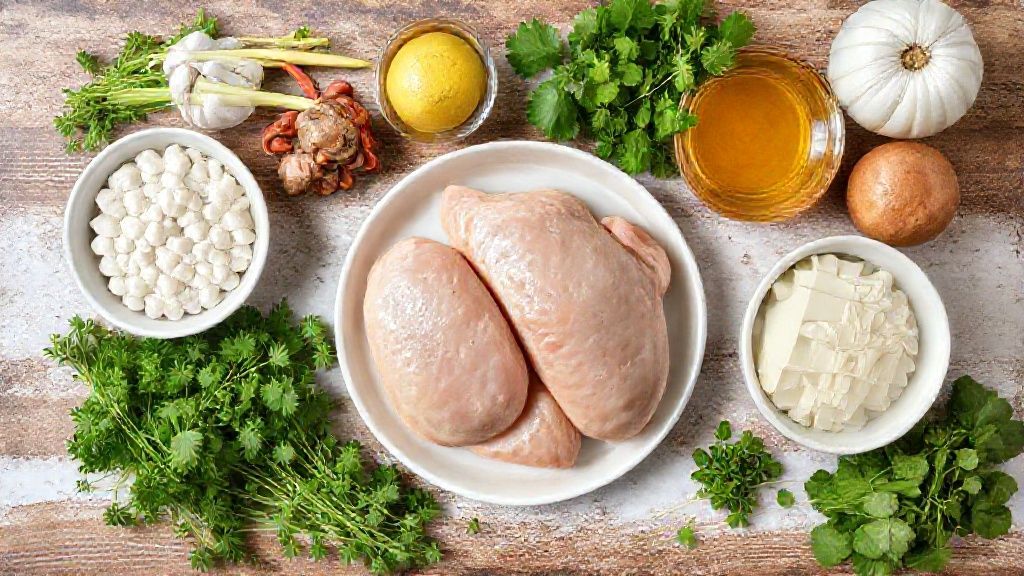 Visão de cima com os ingredientes da receita organizados sobre bancada de madeira: temperos, frango e limão