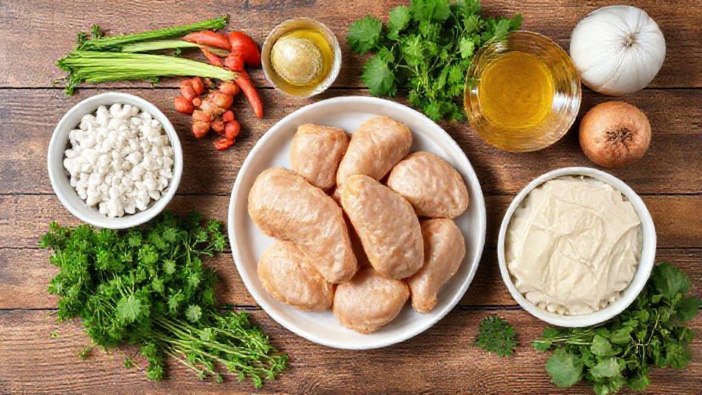 Visão de cima com as coxinhas cruas, temperos, farinha e amido organizados em uma bancada de madeira