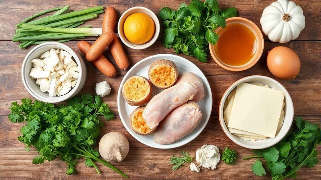 Visão de cima com os ingredientes da coxinha fit — batata-doce, frango desfiado, azeite e temperos — dispostos em bancada de madeira