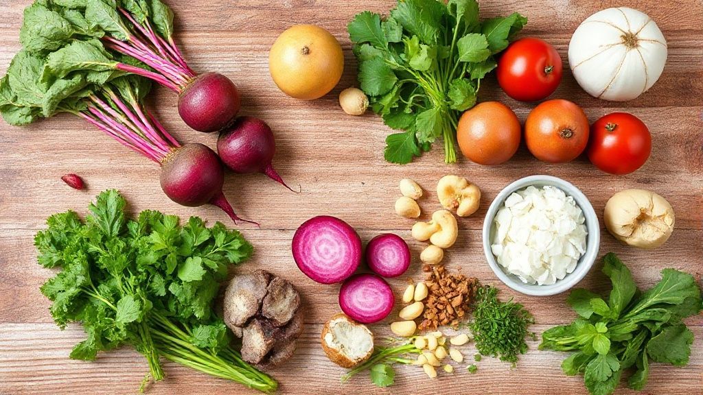 Ingredientes frescos como beterrabas, sal, vinagre e folha de louro dispostos sobre uma bancada de madeira