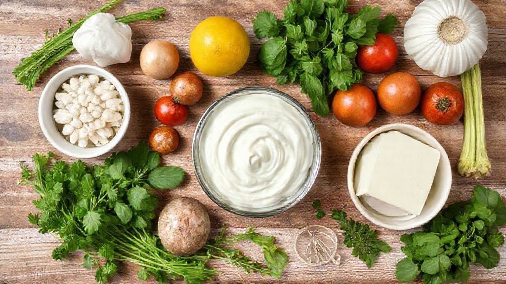 Vista de cima dos ingredientes dispostos na bancada, incluindo leite, gemas, açúcar e canela.