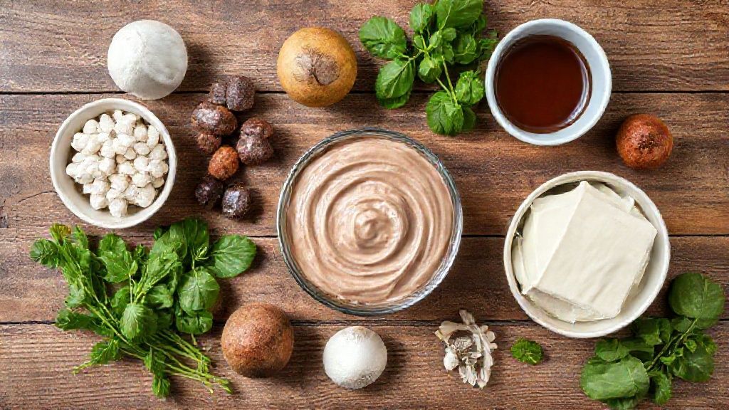 Visão de cima com os ingredientes da receita organizados sobre uma bancada de madeira rústica