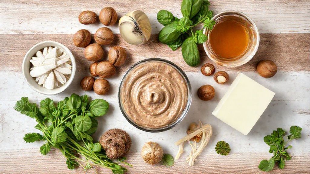 Visão de cima mostrando avelãs, cacau, açúcar e óleo organizados em superfície de madeira rústica