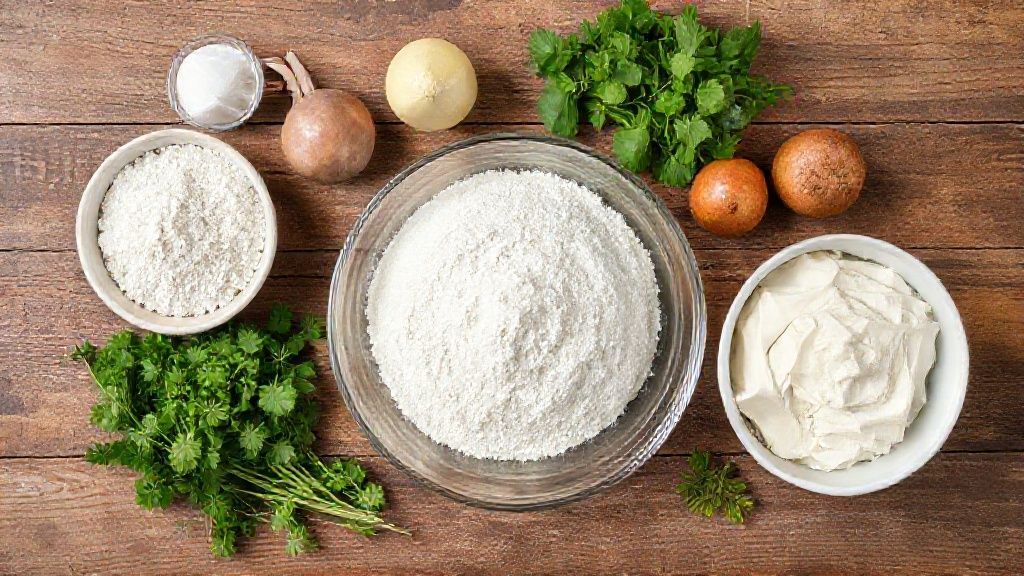 Visão de cima com os ingredientes separados e organizados em uma bancada de madeira