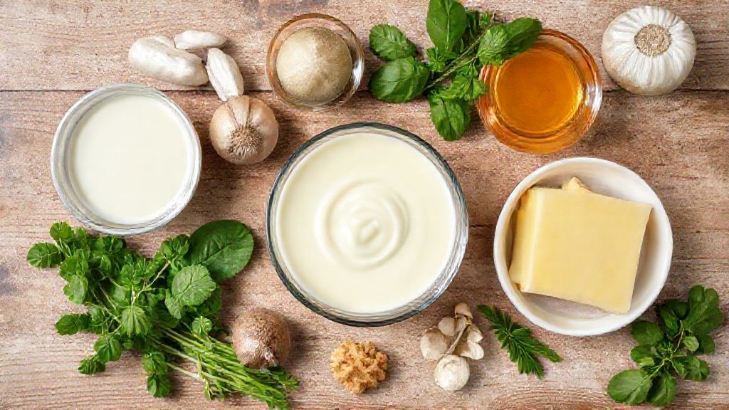 Visão de cima dos ingredientes — leite condensado, creme de leite, gelatinas coloridas e leite — organizados em bancada