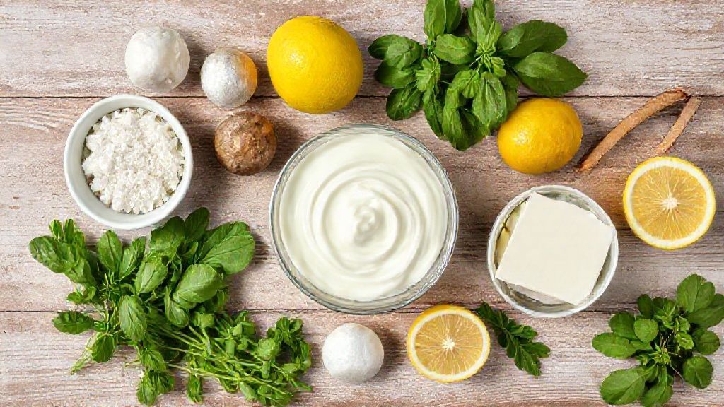 Visão de cima com os ingredientes do cremosão de limão organizados sobre bancada de cozinha