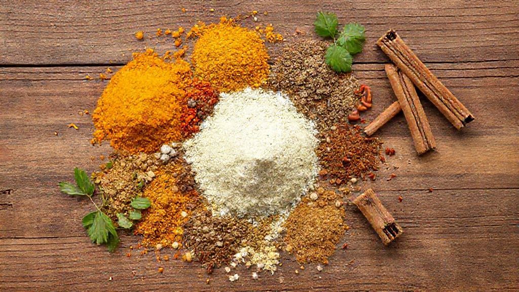 Visão de cima mostrando cúrcuma, cominho, coentro e outras especiarias organizadas em tigelas pequenas sobre bancada rústica.