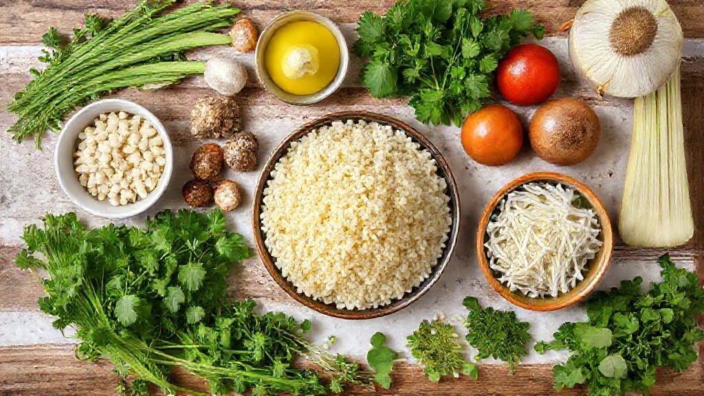 Visão de cima com flocos de milho, sal, água e manteiga organizados em tigelas sobre bancada rústica