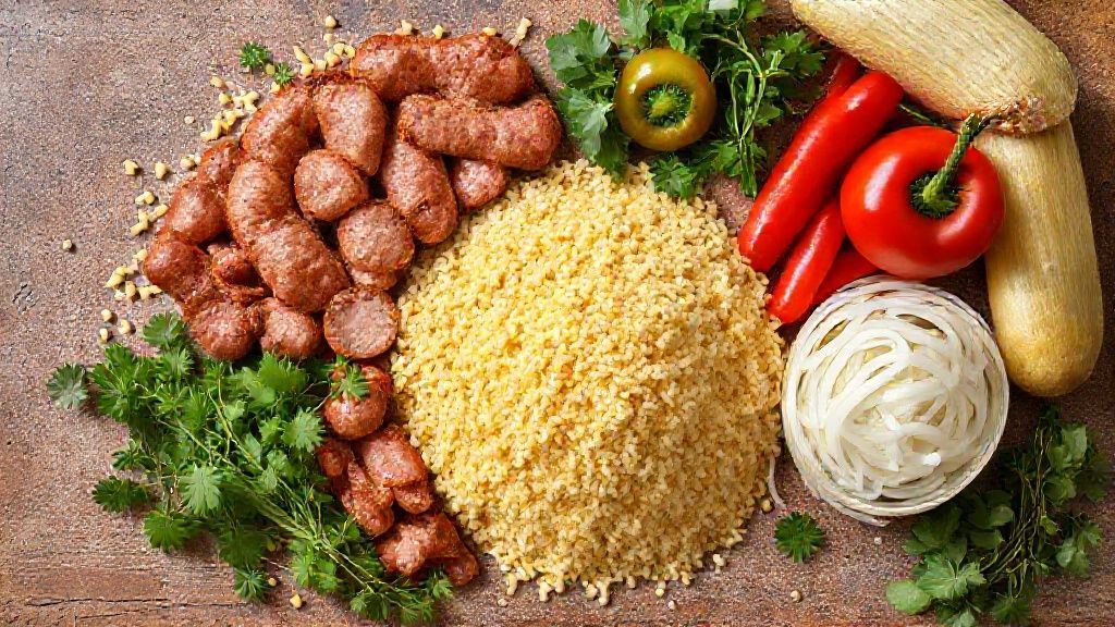 Visão de cima mostrando ingredientes frescos organizados: flocão de milho, calabresa, bacon e temperos coloridos