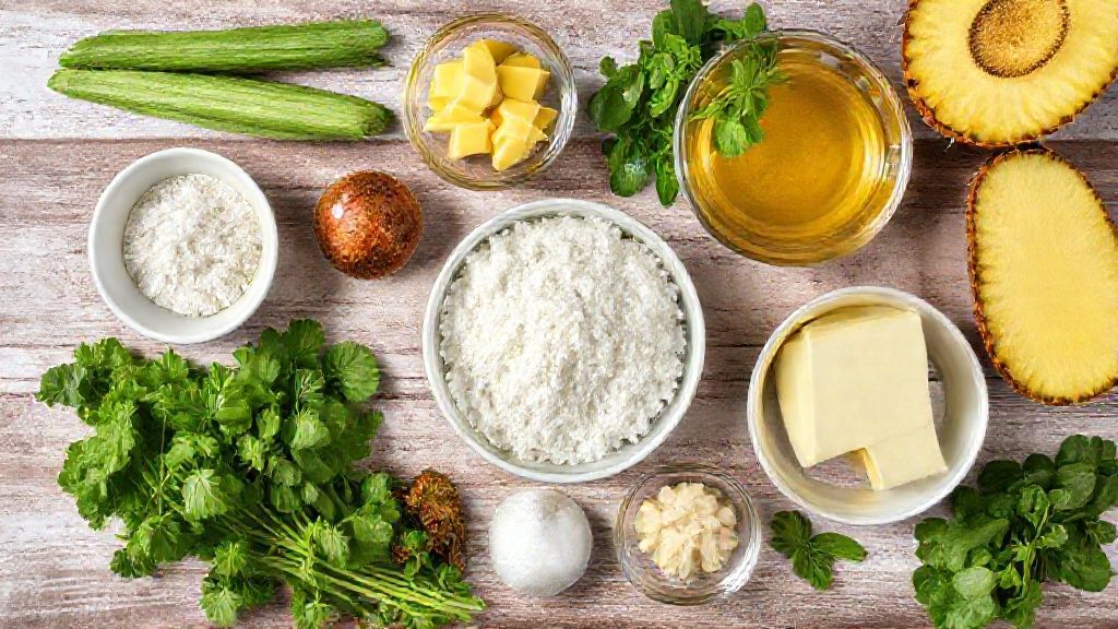 Visão de cima com os ingredientes da receita organizados em uma bancada