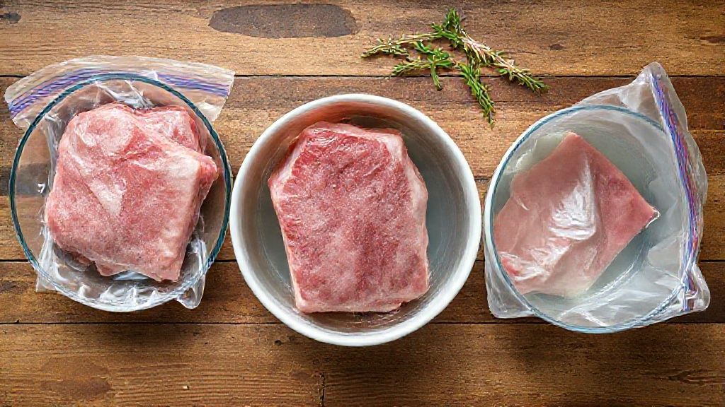 Visão de cima com carne congelada, tigela, saco plástico e água fria organizados sobre bancada