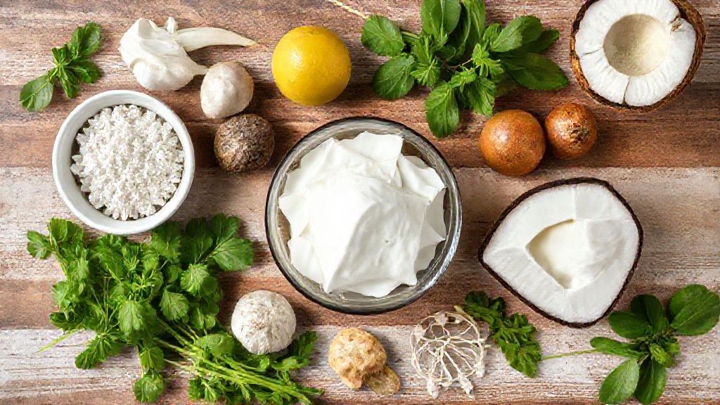 Visão de cima com coco ralado, leite de coco, leite condensado e manteiga sobre bancada rústica