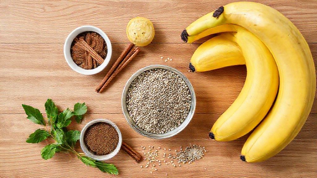 Ingredientes do doce de banana — bananas maduras, canela, chia e baunilha — organizados sobre bancada de madeira