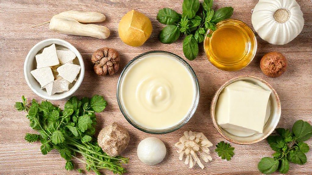 Visão de cima mostrando leite, açúcar, bicarbonato e manteiga organizados sobre bancada rústica