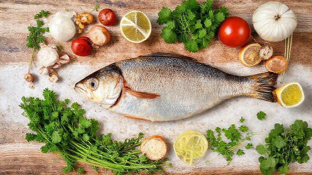 Ingredientes separados para o preparo do dourado, incluindo peixe, legumes e temperos sobre bancada de madeira
