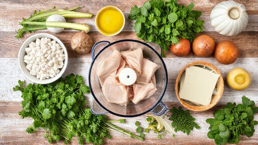 Visão de cima mostrando ovos, farinha, leite, frango desfiado e temperos organizados em bancada rústica.