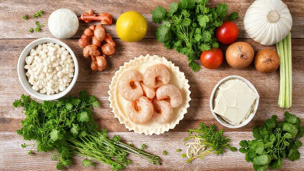 Visão de cima com os ingredientes da empadinha de camarão organizados em uma bancada de madeira