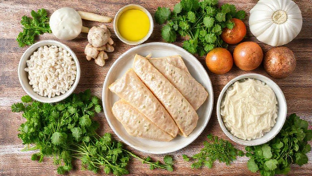 Vista de cima com os ingredientes frescos da empadinha de frango organizados em bancada de cozinha