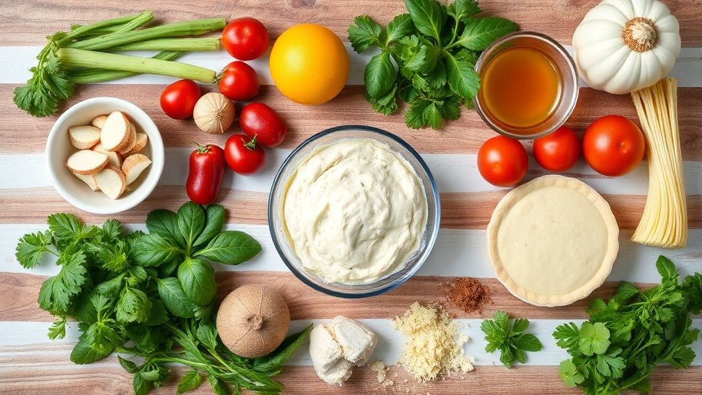 Visão de cima com farinha, ovos, leite, óleo, frango desfiado e requeijão organizados sobre bancada rústica.