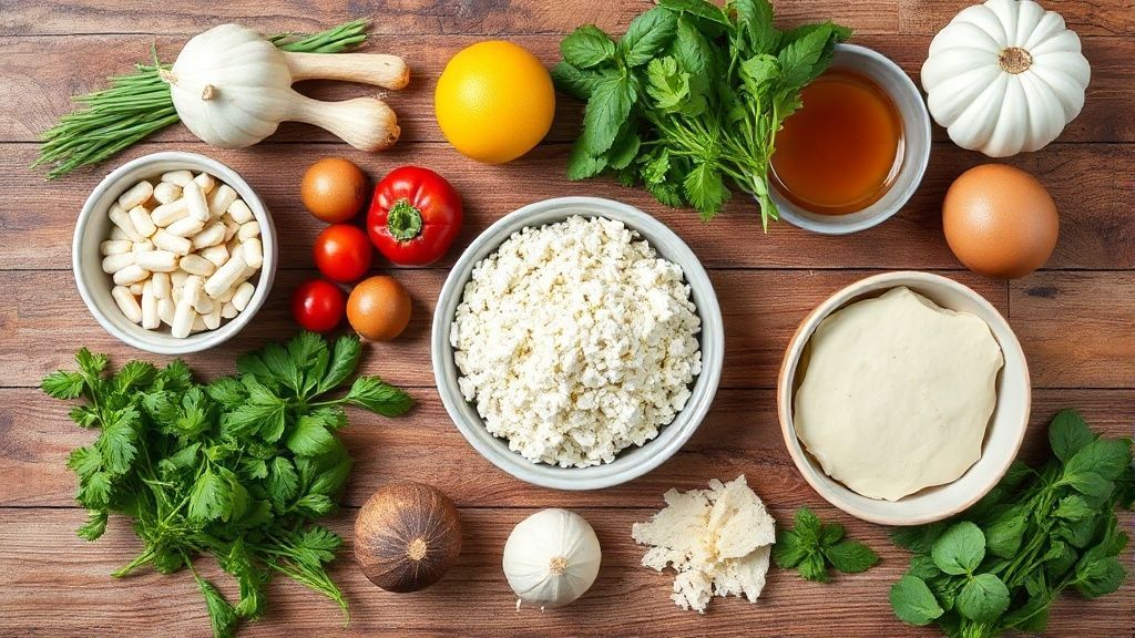 Visão de cima com os ingredientes da empadinha sem glúten organizados em bancada de madeira