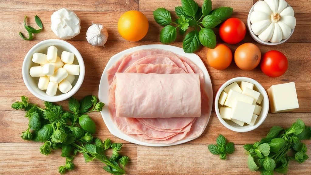 Visão de cima com todos os ingredientes dispostos sobre uma bancada de madeira