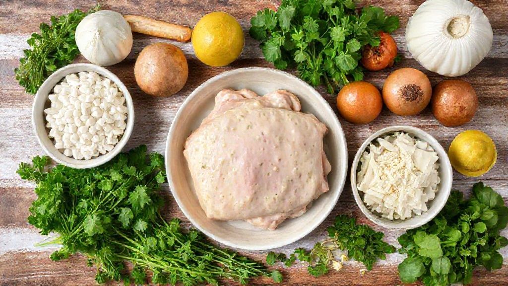 Ingredientes do escondidinho organizados sobre bancada de madeira, incluindo frango desfiado, batatas e queijos