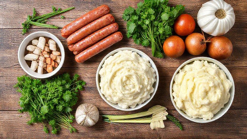 Ingredientes frescos para o escondidinho organizados sobre bancada de madeira, vistos de cima.