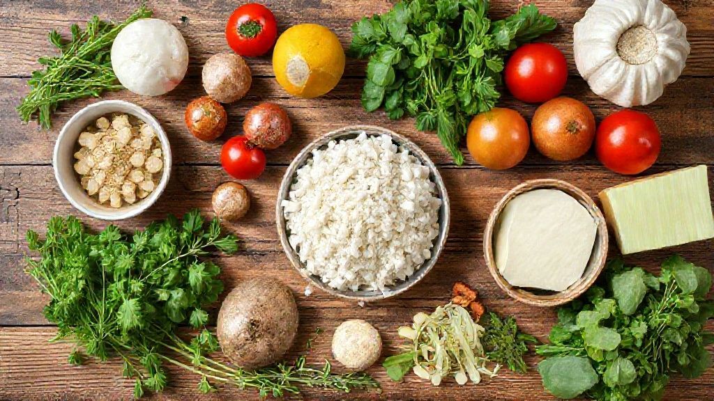 Vista de cima com os ingredientes da receita — farinha, calabresa, queijo mussarela e temperos — dispostos em bancada de madeira