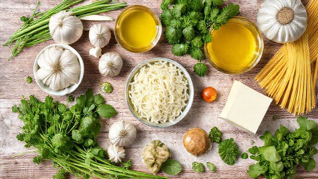 Visão de cima com os ingredientes da receita organizados em uma bancada de madeira.