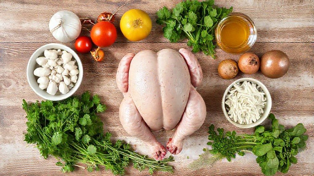 Ingredientes básicos organizados em bancada: frango assado, azeite, papel-alumínio e caldo