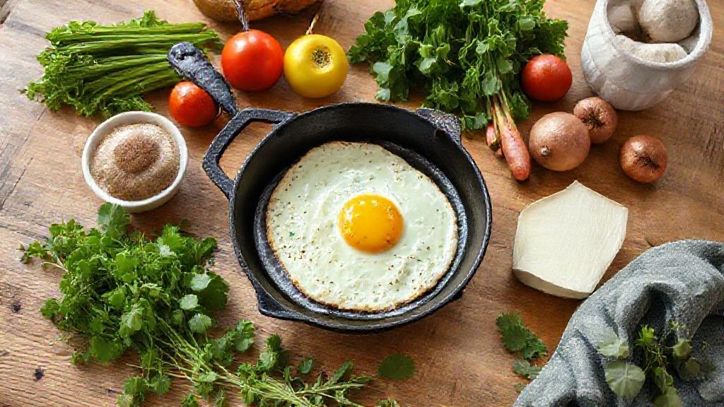 Visão de cima com ovos caipiras, manteiga de garrafa e temperos organizados sobre uma bancada rústica