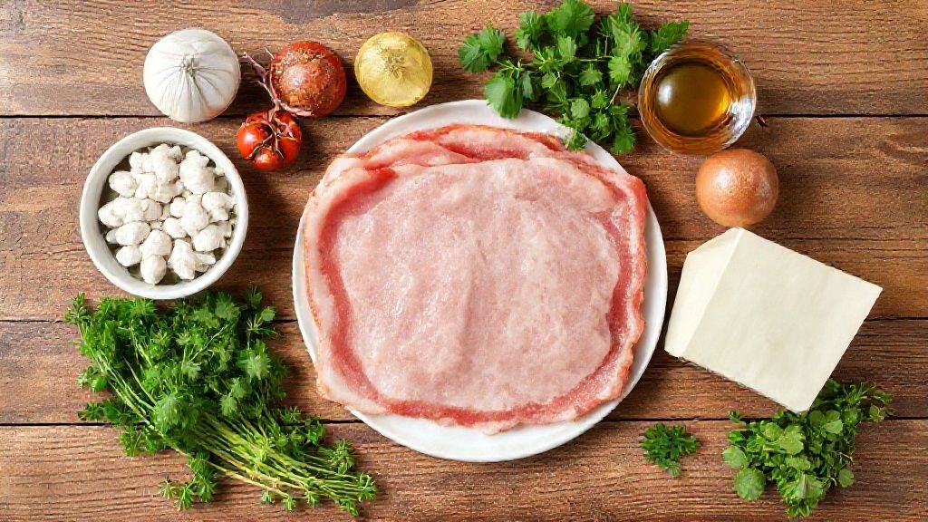 Visão de cima dos ingredientes da farofa organizados em bancada de madeira — farinha, bacon, cebola, ovos e temperos