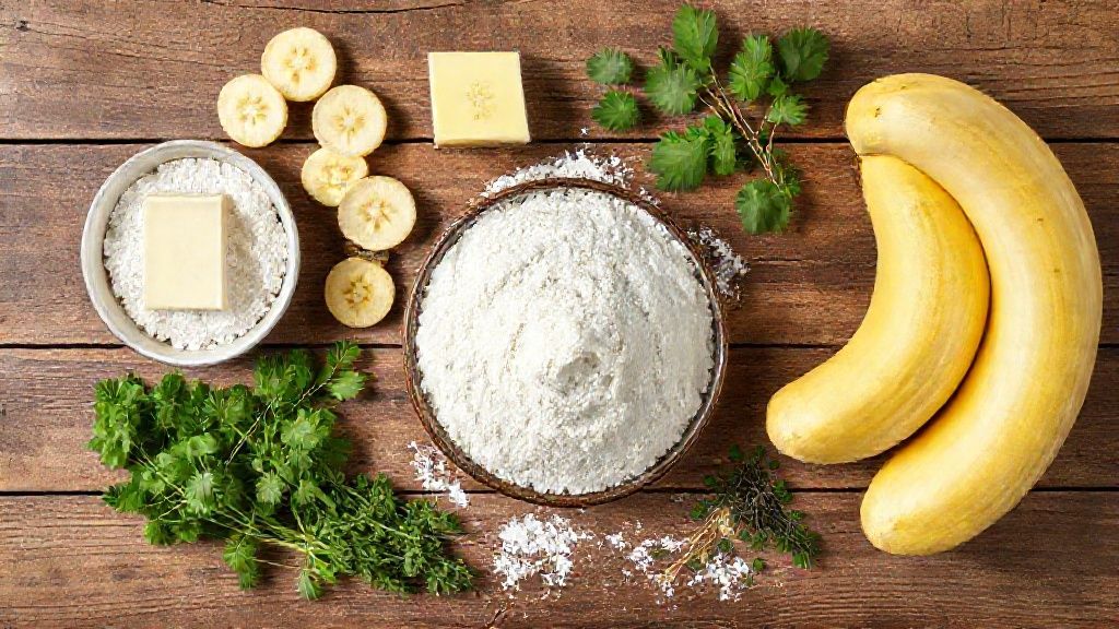 Ingredientes da farofa de banana dispostos sobre bancada de madeira — bananas, farinha de mandioca, castanhas e temperos.