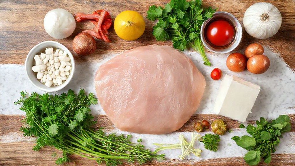 Visão de cima com ova de tainha, farinha, cebola, alho e temperos organizados