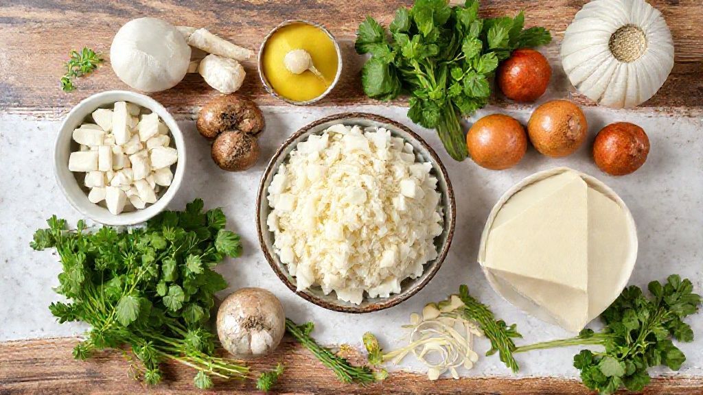 Visão de cima com os ingredientes da farofa como farinha de mandioca, bacon, linguiça, ovos e legumes organizados em uma bancada