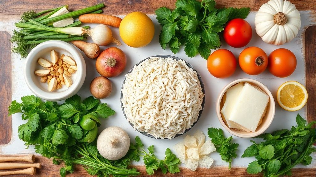 Visão de cima dos ingredientes organizados: farinha de mandioca, manteiga, bacon, cebola e temperos