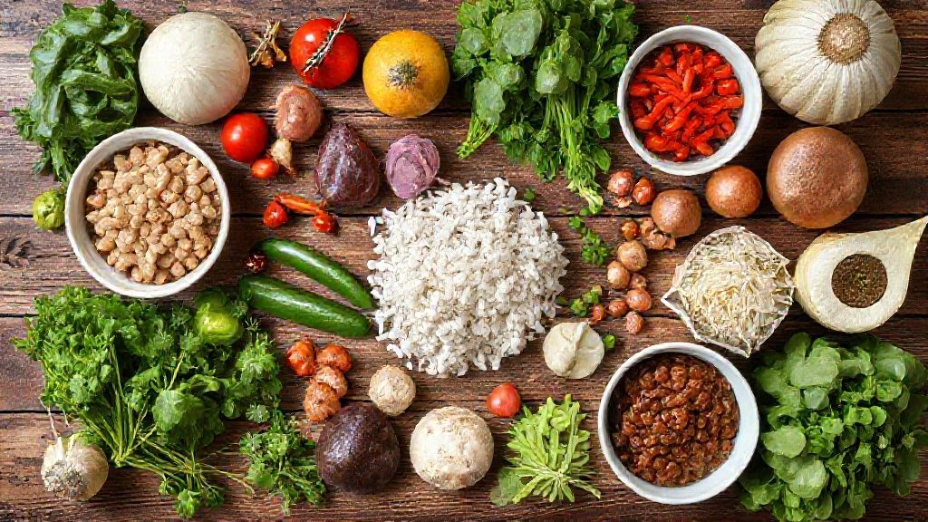 Visão de cima com os ingredientes da feijoada organizados em uma bancada rústica