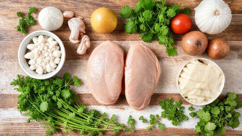 Visão de cima com os ingredientes organizados — temperos, frango e ervas frescas