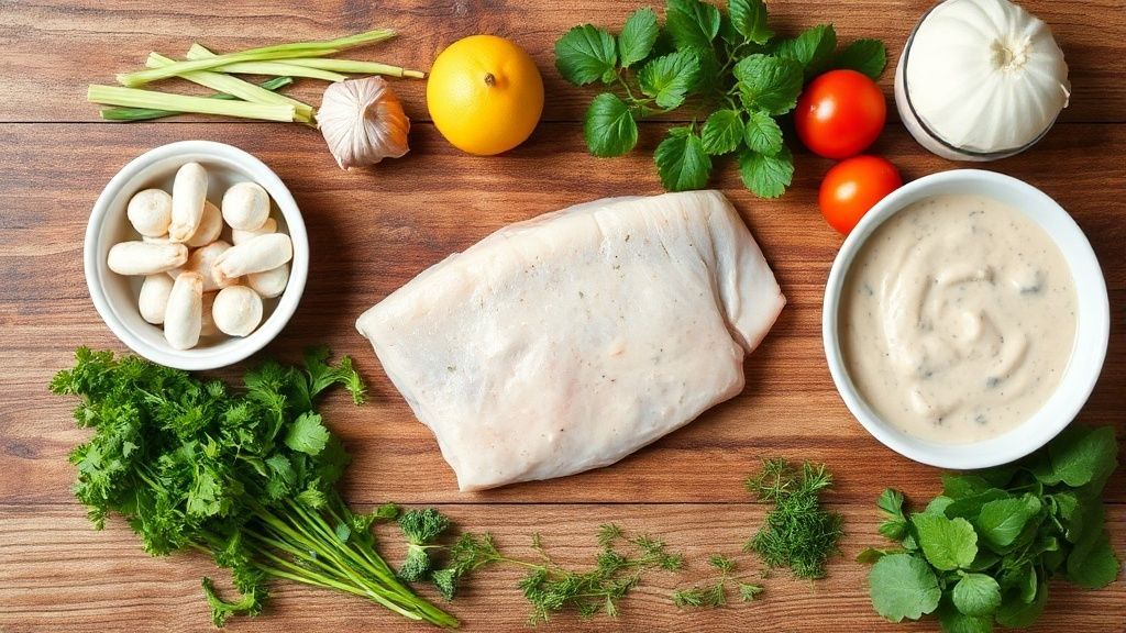 Visão de cima com filés de merluza, camarões, creme de leite, alho, cebola e temperos organizados sobre bancada de madeira.