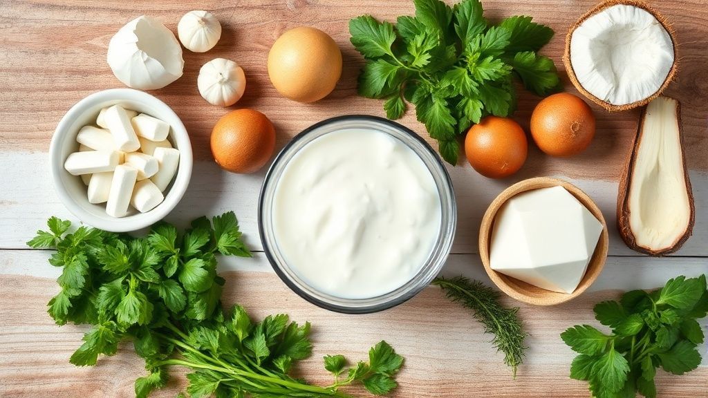 Visão de cima com os ingredientes do filé de merluza com leite de coco organizados sobre bancada de madeira