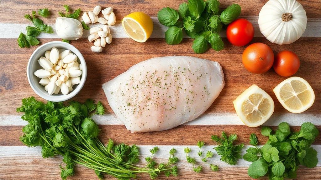 Ingredientes frescos e organizados da receita sobre uma bancada de cozinha