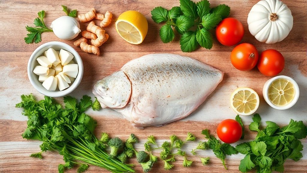 Visão de cima mostrando os filés de tilápia, tomates, alho-poró, coentro, azeite e temperos organizados sobre bancada rústica