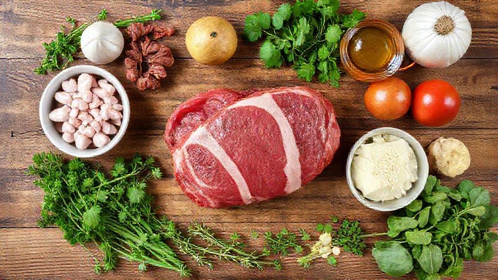 Visão de cima com o filé mignon, bacon, ervas, vinho e temperos organizados em bancada rústica