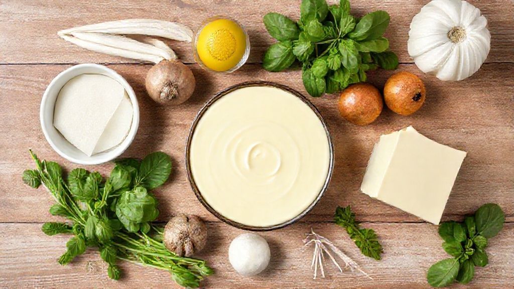 Visão de cima com ovos, leite, açúcar, baunilha e utensílios organizados em uma bancada de mármore.