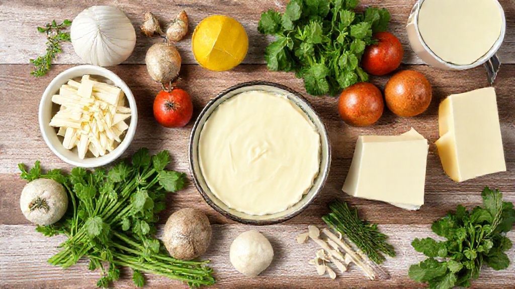 Visão de cima com os queijos ralados, vinho, pão e temperos organizados em uma bancada de madeira