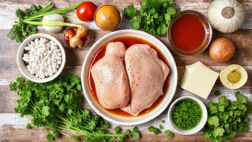 Visão de cima com todos os ingredientes frescos do frango ao molho organizados em uma bancada