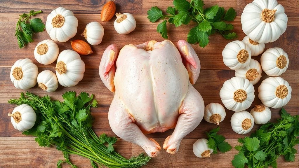 Visão de cima com os ingredientes da receita — dentes de alho, frango, ervas e azeite — organizados em bancada de madeira.