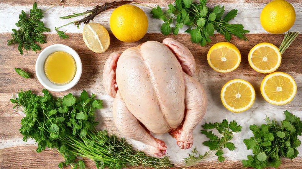 Visão de cima mostrando frango cru, limões, ervas e temperos organizados em bancada de madeira