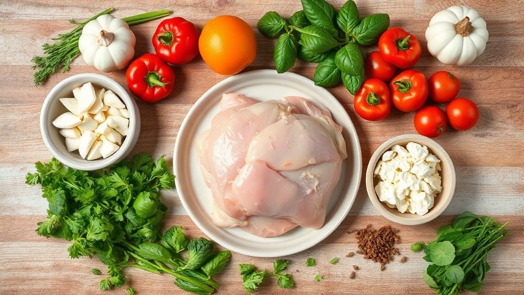 Visão de cima com os ingredientes do frango com páprica organizados sobre uma tábua de madeira
