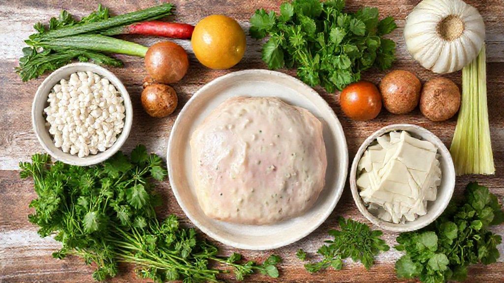 Visão de cima com os ingredientes da receita de frango cremoso organizados sobre bancada de madeira